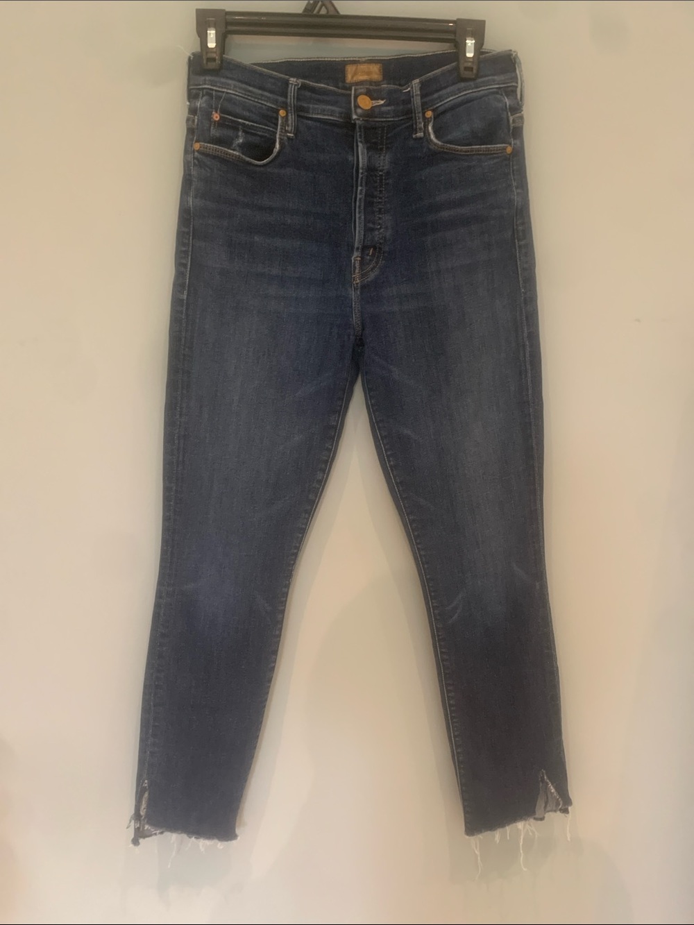 MOTHER High-Rise Skinny Jeans in Dark Blue Wash- THE STUNNER ANKLE FRAY sz 28